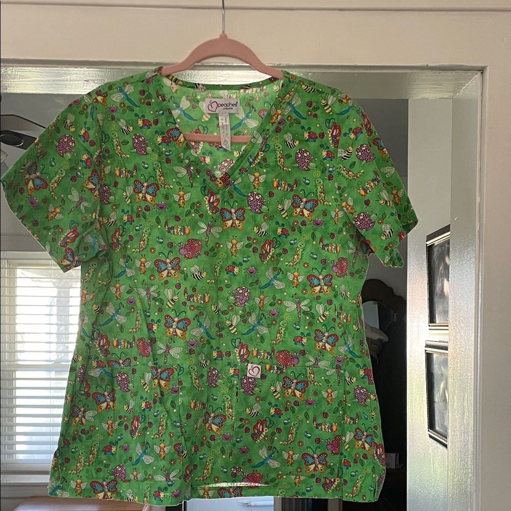 Peaches Uniforms Green Butterfly Print Top